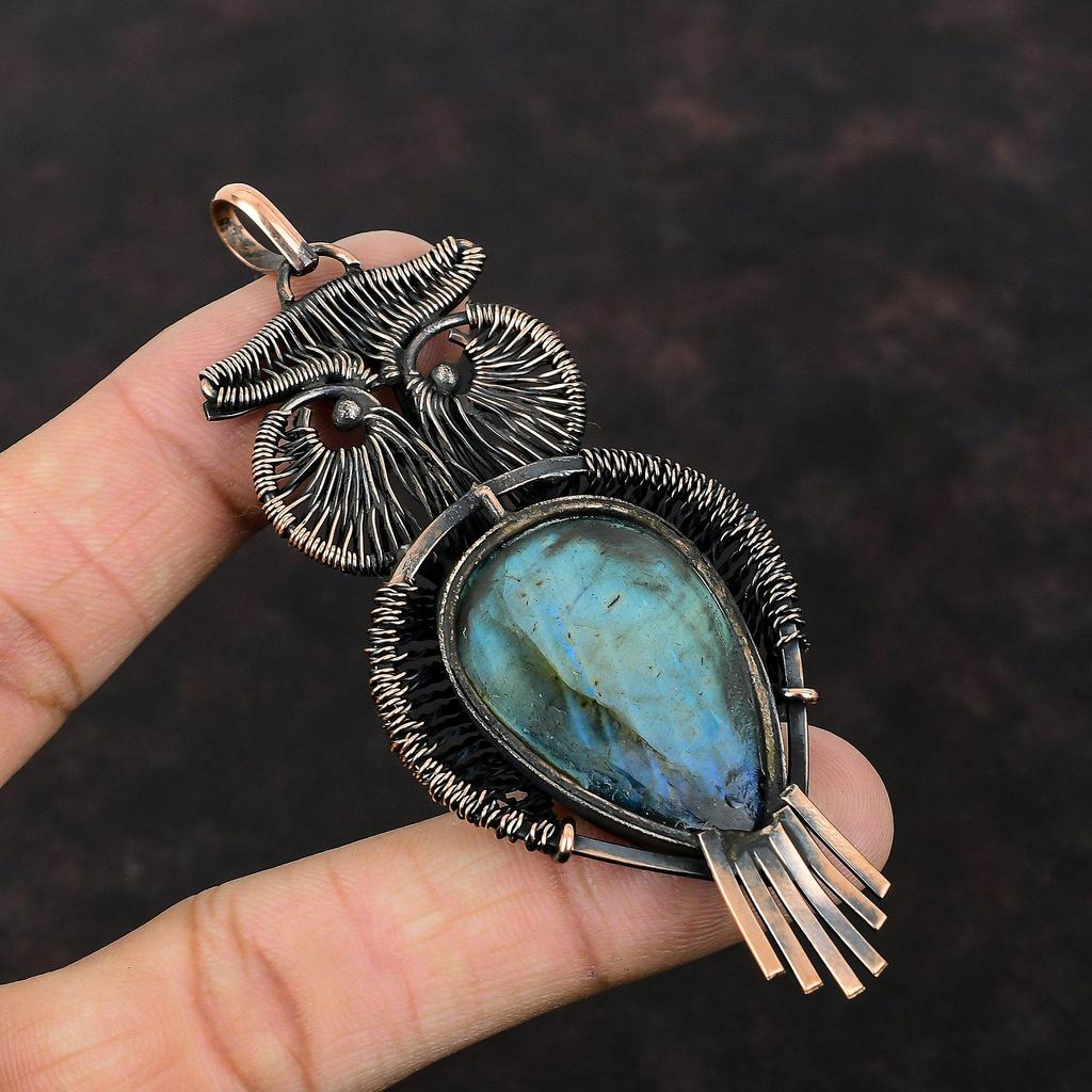 Labradorite Pendant Copper Wire Wrapped Pendant Gemstone Copper Jewelry Owl Pendant Designer Pendant Wedding Gift Handmade Wire Wrap Jewelry