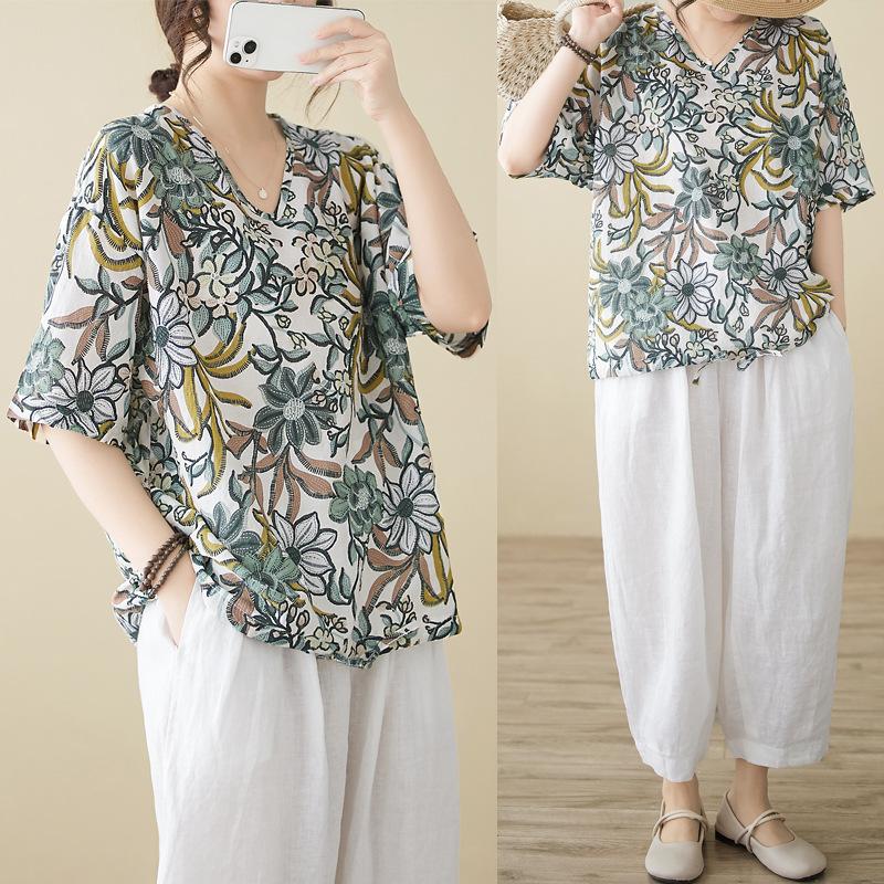 Summer Printed Short-sleeved T-shirt V-neck Cotton and Linen Loose Large-size Women's Top T-shirt Cotton and Linen Shirt