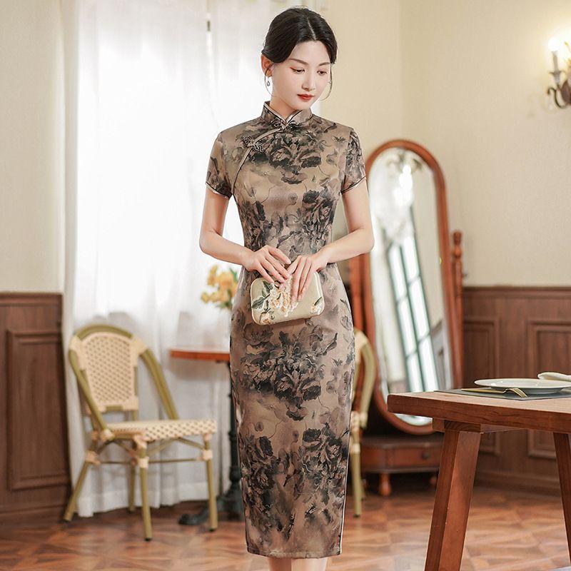 Printed Standing Neck Long Skirt Qipao Print Stand-up Collar Slim Fit Long Dress Cheongsam Women