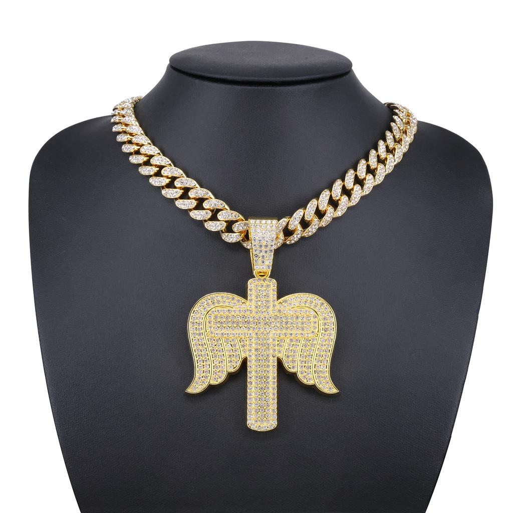 Alloy Necklace Men Trend Cross Angel Wings Pendant, Stylish Full Rhinestone Cool Hip Hop Jewelry