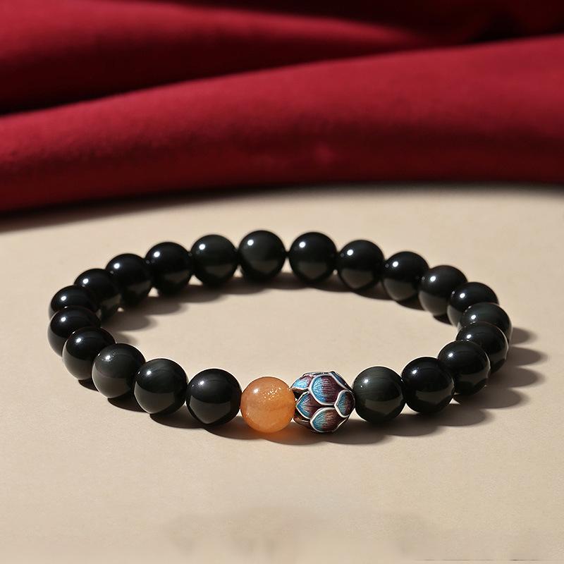 

Natural Black Obsidian Bracelet with Lotus Rainbow Eye Beads – Unisex Buddhist Jewelry, Golden Obsidian Beads, Benming Year Gift. 8mm Beads