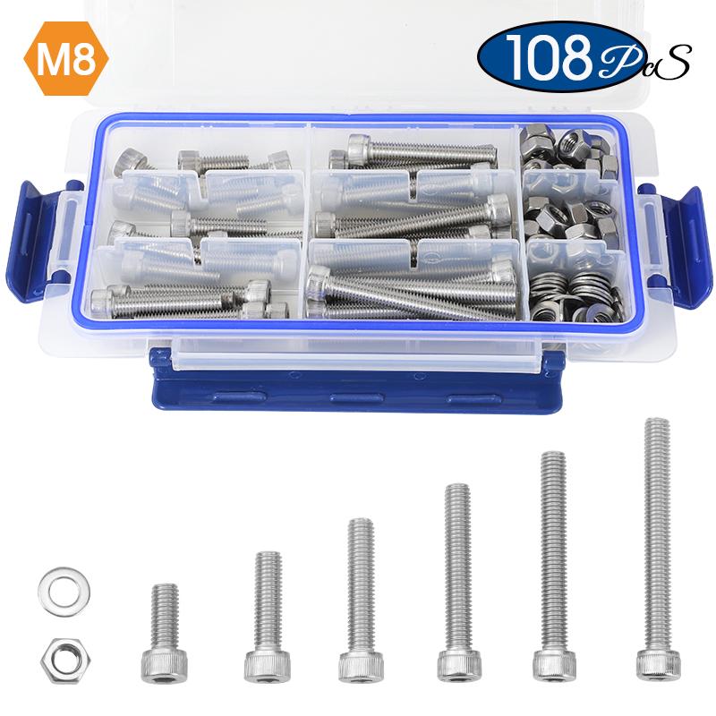 NINDEJIN M6 M8 M10 Bolts and Nuts Set Stainless Steel Big Size Allen Head Screw Kit Hex Socket Bolt Nut Set With Washers