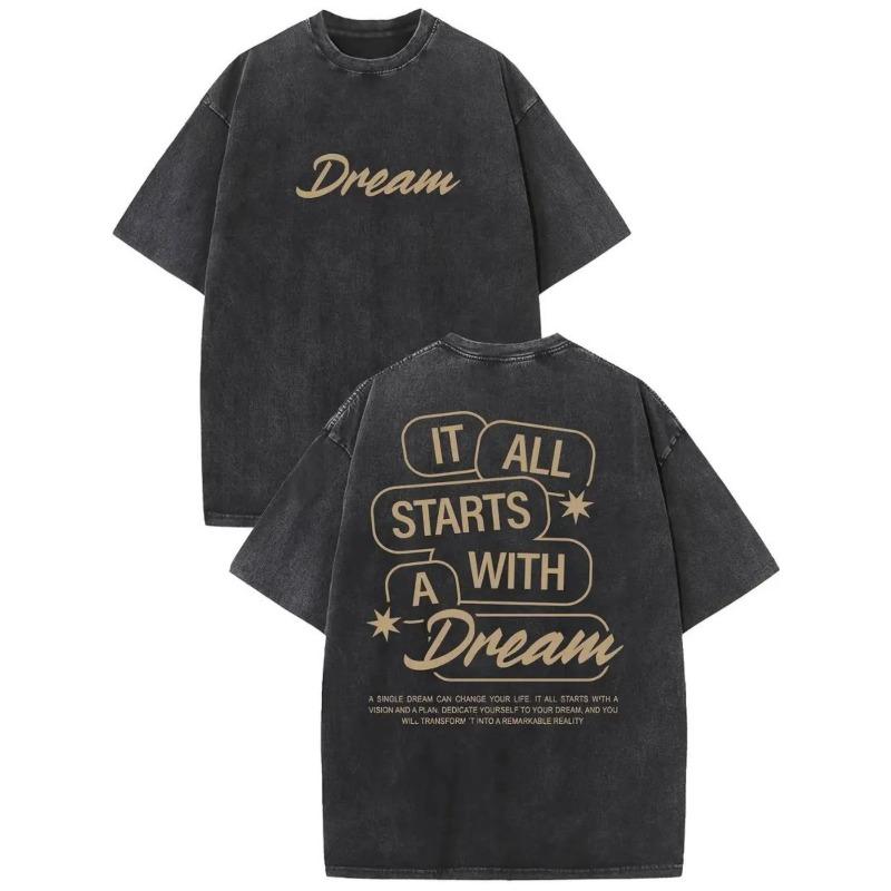 Men S Vintage Washed T-Shirt -  It All Starts with a Dream  Graphic | Loose Fit, Round Neck, Casual Retro Style, Machine Washable,All-season Wear S чёрный