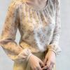 Women Floral Print Round Neck Long Sleeve Chiffon Blouse