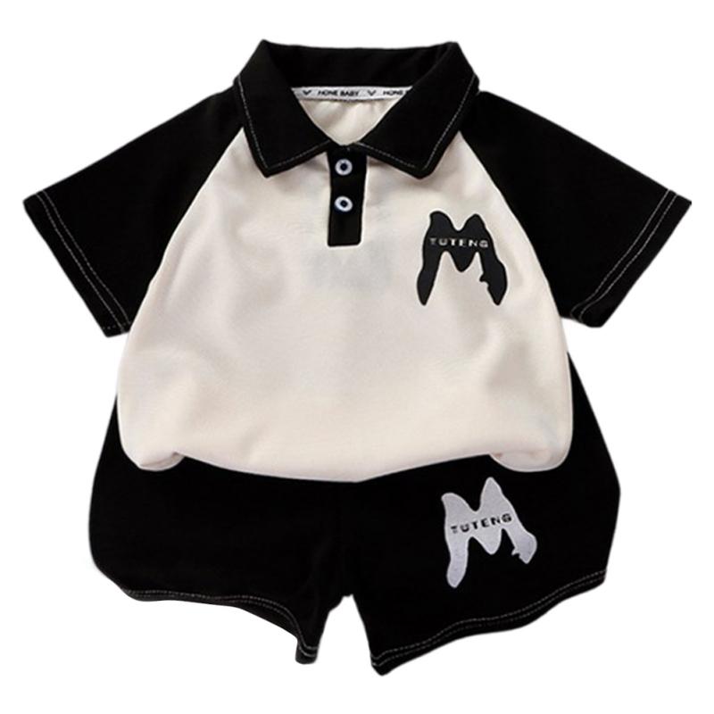 

Летний комплект детской одежды, топ с короткими рукавами и шорты с цветными лацканами, унисекс, повседневный спортивный детский комплект из двух предметов 90 чёрный