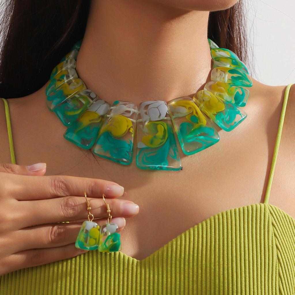 European Vintage Trapezoidal Turquoise Necklace and Earring Set, Exaggerated Ethnic Jewelry