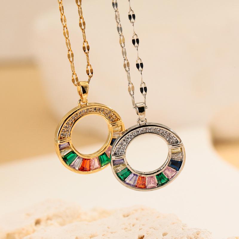 Trendy Colorful Zirconia Donut Pendant Titanium Steel Necklace for Women