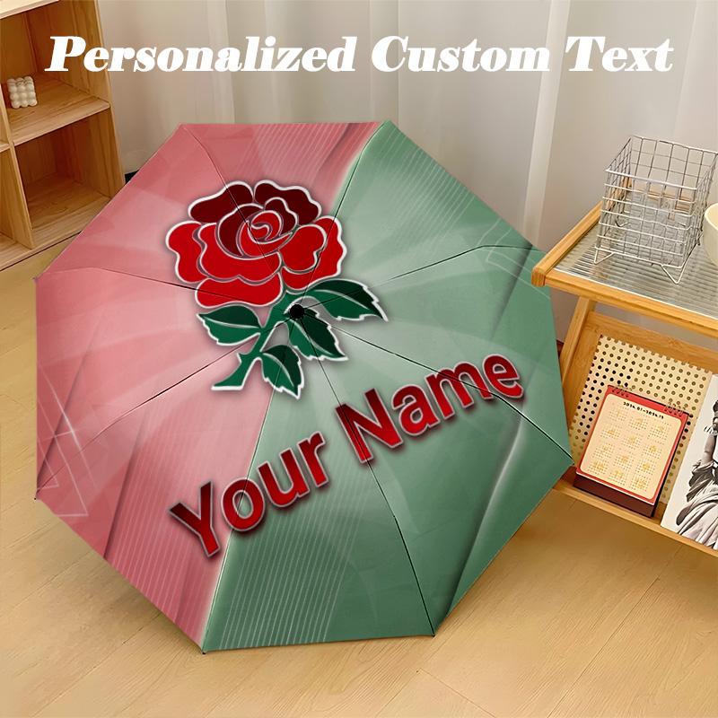 England Rugby Automatic 8‑ribs Umbrella, Custom Name Text Personalized Folding Umbrella Rain Sun Gift