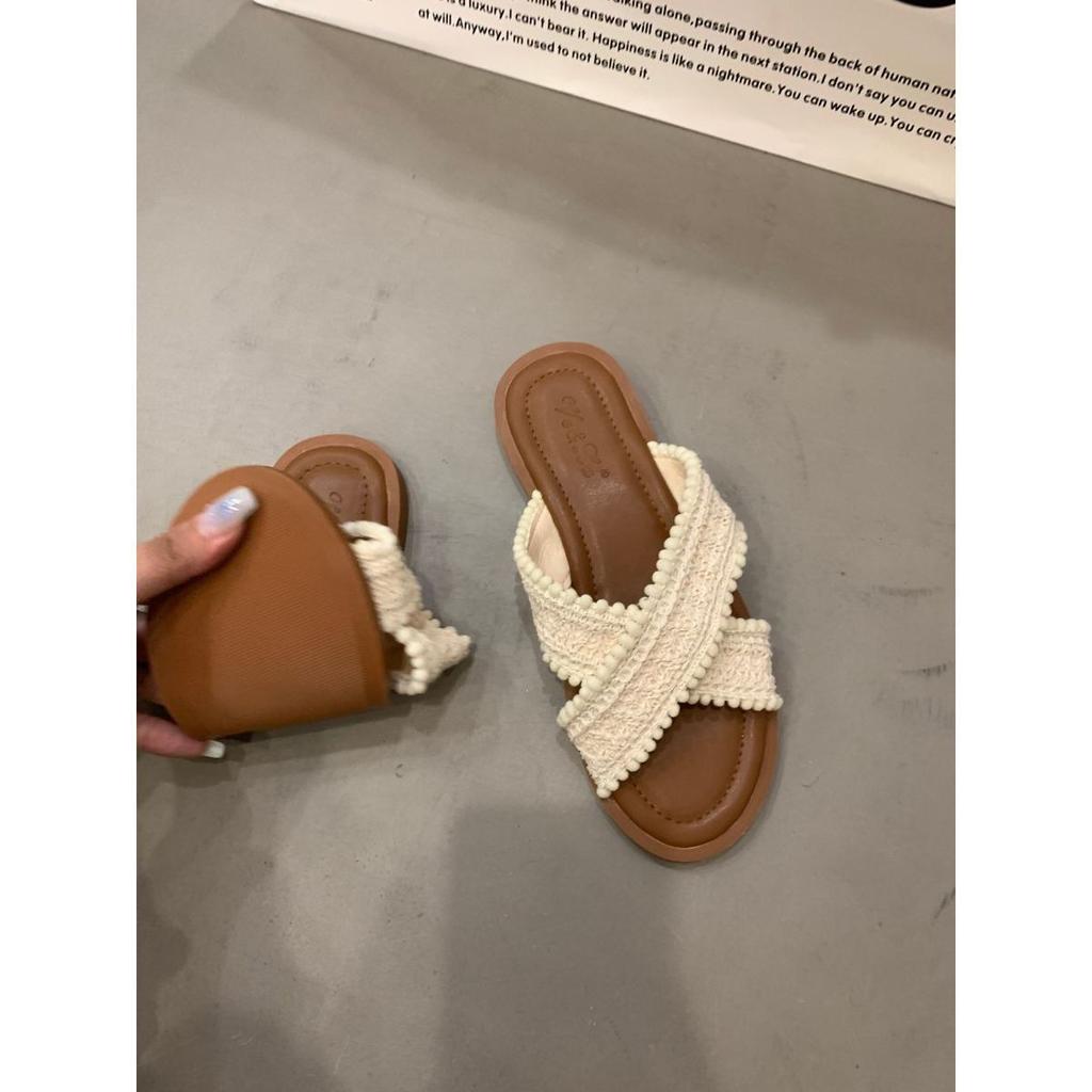 One-word slippers women wear flat bottom in summer 2025 This year's popular new fairy style French soft bottom cool slippers tide