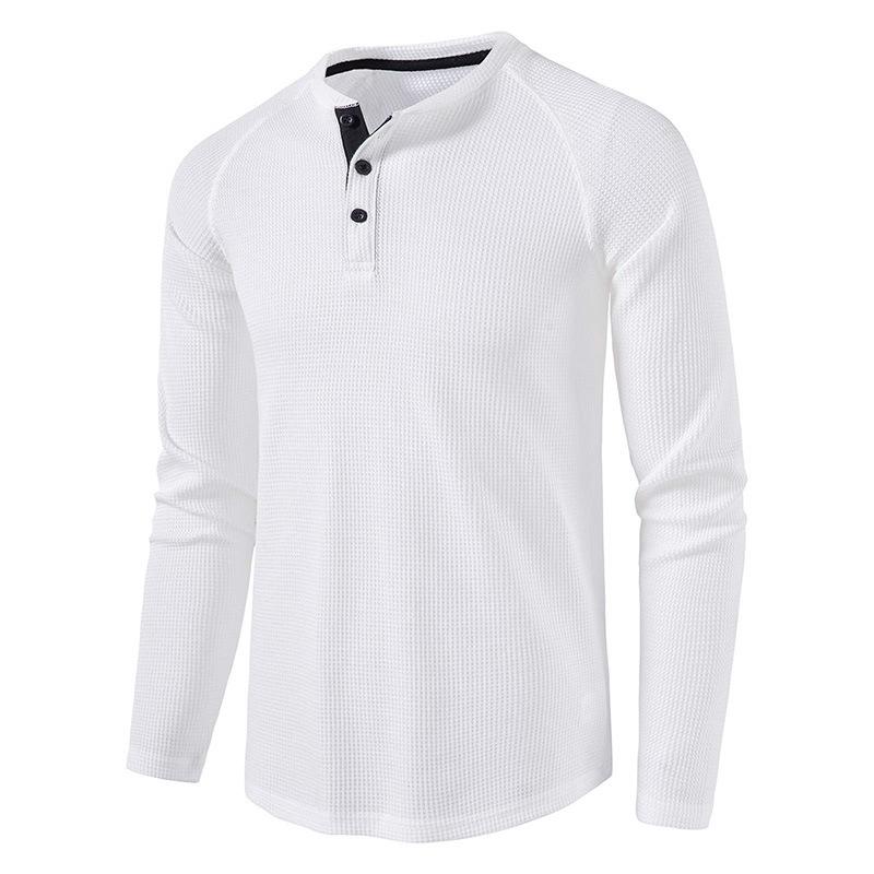 European and American Style Men’s Solid Waffle Henley Shirt Long Sleeve T-shirt Buttoned Round Neck Top
