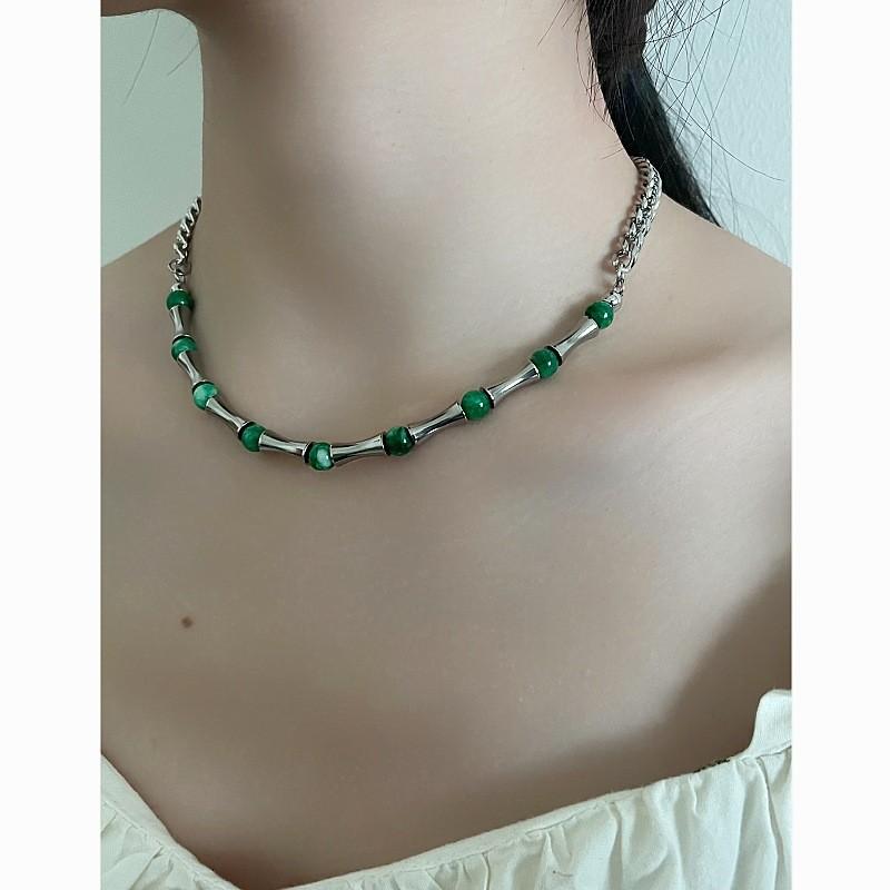 Handcrafted Stainless Steel Pendant Necklace Featuring Bamboo Chain And Green Stone For Gift