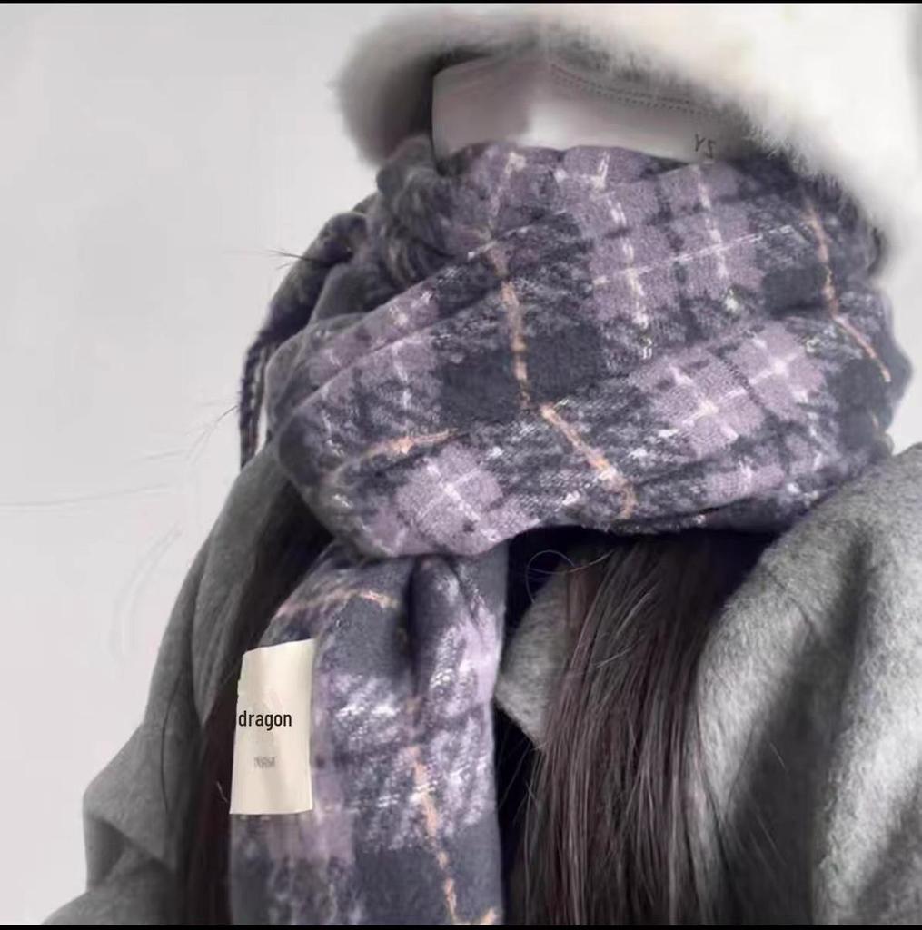 Korean-Style Rose Pink Plaid Scarf: Soft, Warm, Trendy Tassel Shawl for Women
