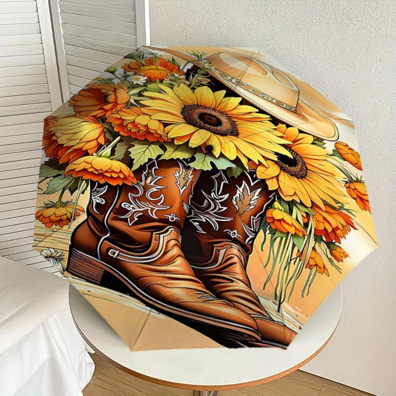 Cowboy Boots with Sunflowers Umbrella- Western Style Cowboy Hat and Boots for Men Women - Festival Gift Idea - Outdoor Rain Umbrella with Au