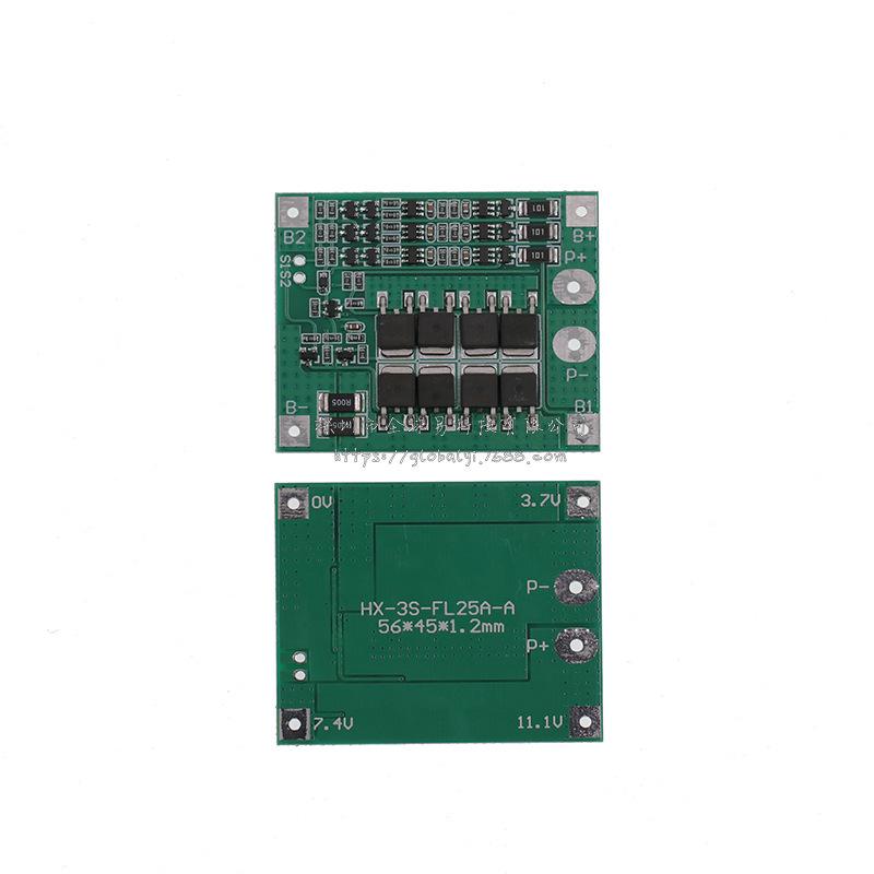 3S 12V 18650 Lithium Battery Protection Board with Balancing and 25A Overcurrent, Overcharge, and Overdischarge Protection (11.1V–12.6V)