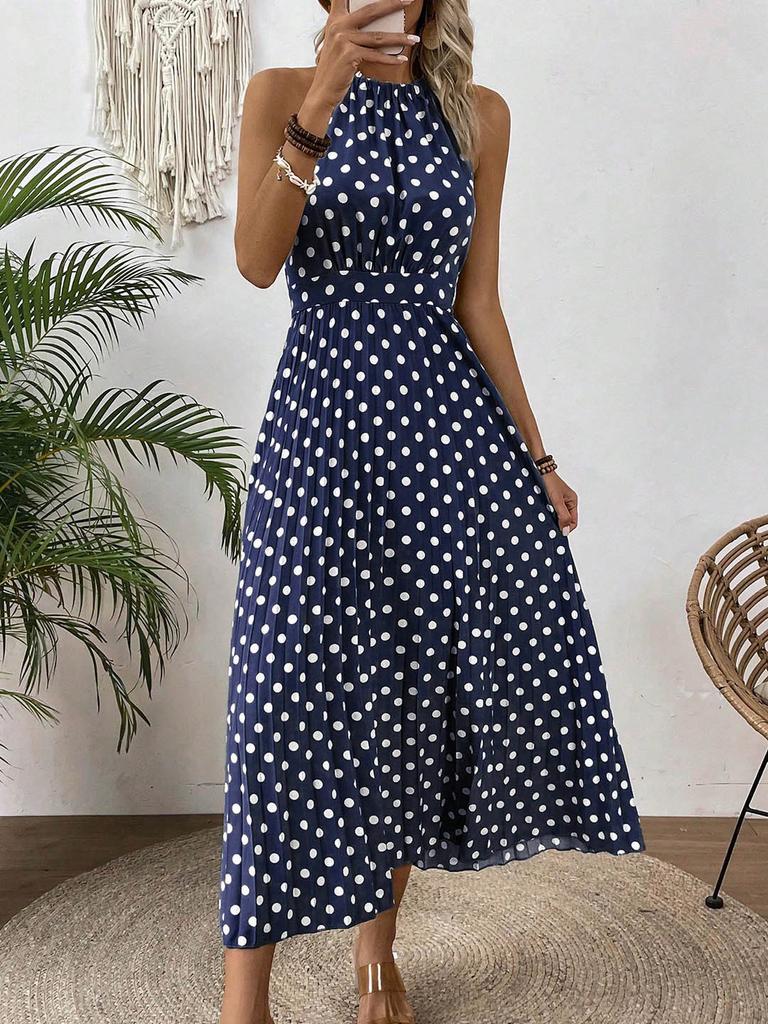 European and American Women's Clothing Spring and Summer Fashion Printing Polka Dot Round Neck Long Dress Women's Dress