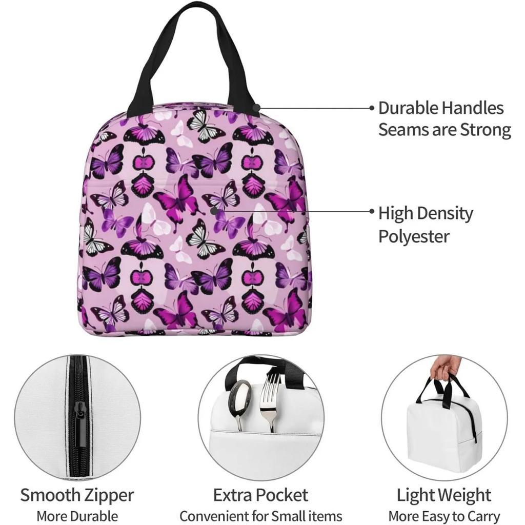 Beautiful Insect Purple Butterfly Insulated Lunch Bag Thermal Freezable lunch Tote Waterproof Bento Lu nch Box Women Men Lunc h