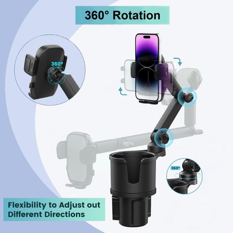 Long Arm Phone Mount Adapter Car Cup Holder Expander Rotating Cup Expander Fit 2.36-4.13in Width Phone and Most Bottles