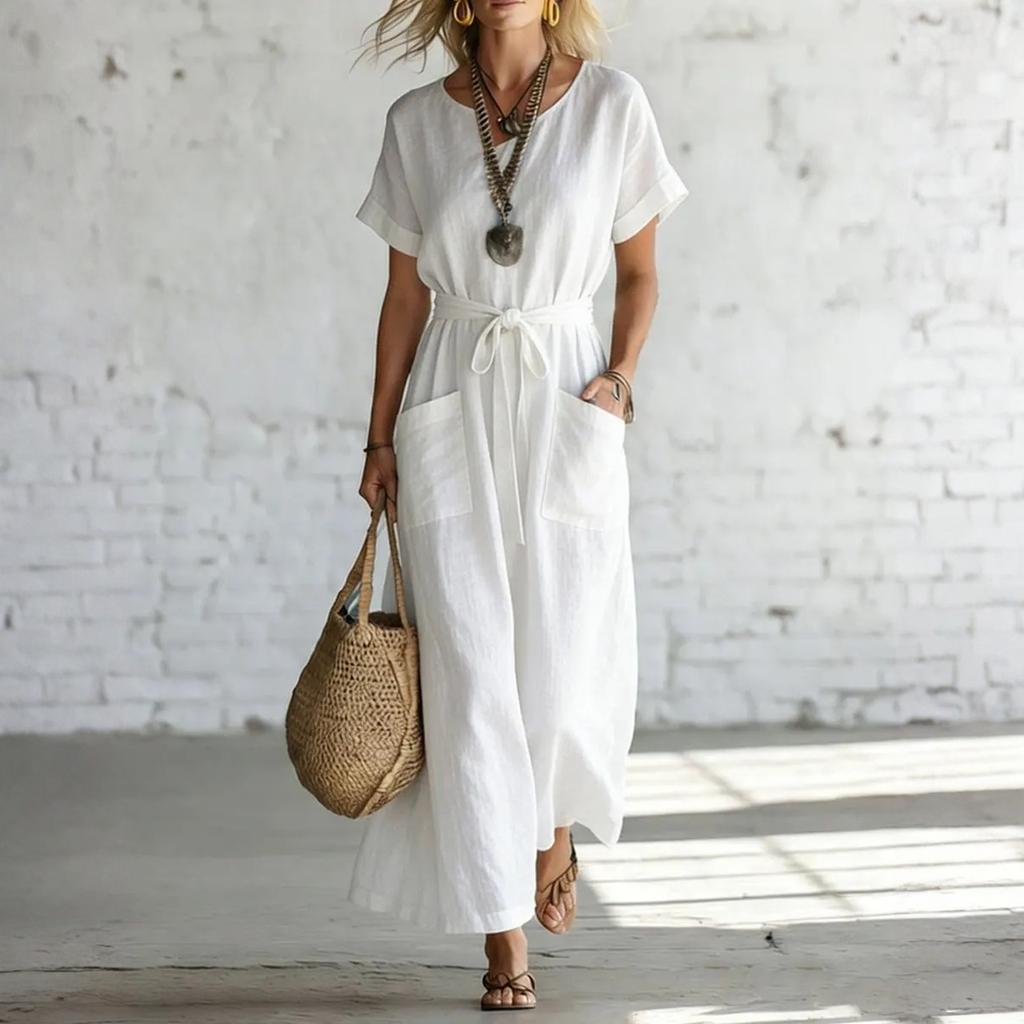 Women’s Short Sleeve V Neck Maxi Dress with Waist Tie and Large Front Pockets Loose Fit Casual Long Dress