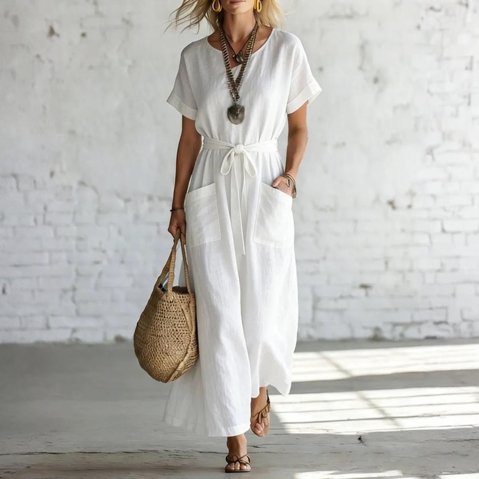 

Women s Short Sleeved V-neck Belt Casual Cotton And Linen Dress M белый