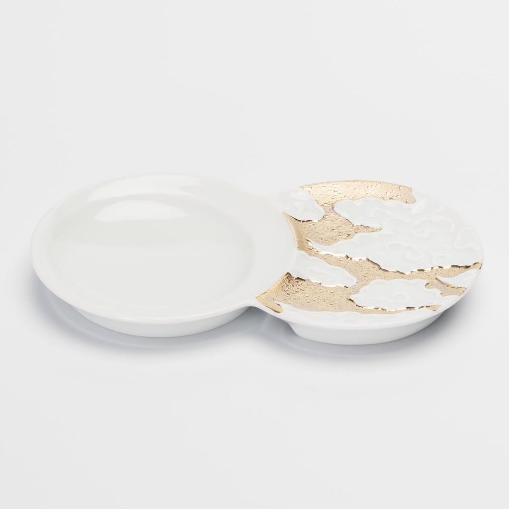 Hasami Ware Juzan Kiln Porcelain Mamezara Mini Soy Sauce Plate Cloud and Gold Design 14x8cm Kyoritsu Toki Made in Japan