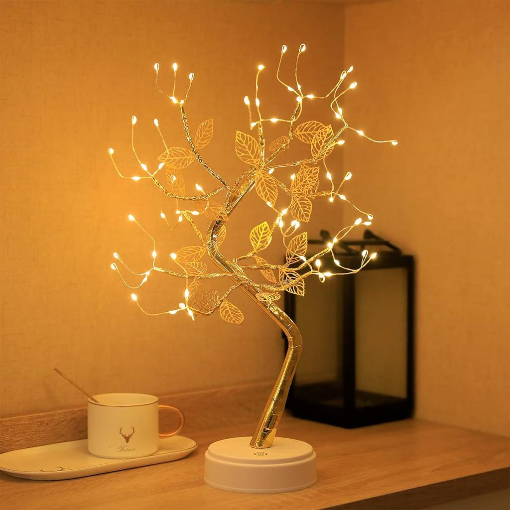 Tabletop Bonsai Tree Lights DIY LED Artificial Tree Lamp Battery/USB Operated Night Light for Room Decor Home 72LED Golden Leaf