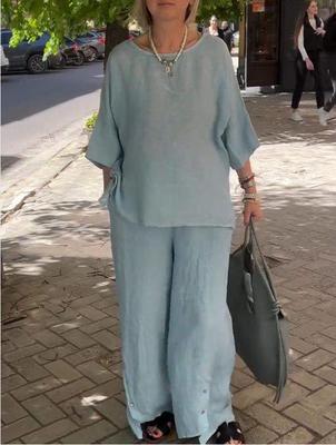 Conjunto Casual de Algodão e Linho Feminino 2024 de Duas Peças com Blusa de Sete Mangas e Calças de Perna Larga