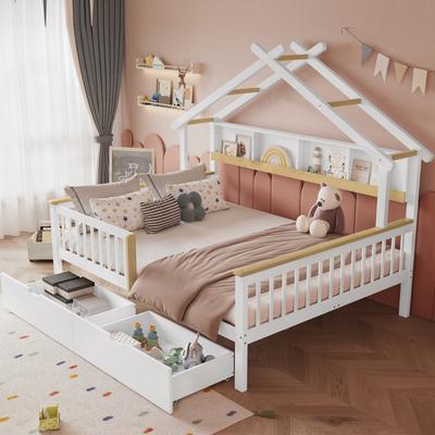 Cama Infantil, Com Proteção Contra Quedas e Grade de Proteção, Design Único de Telhado, Estante de Armazenamento de 2 m, Duas Gavetas com Rodízios, Pinho+MDF, Branco+Natural, 140x200cm