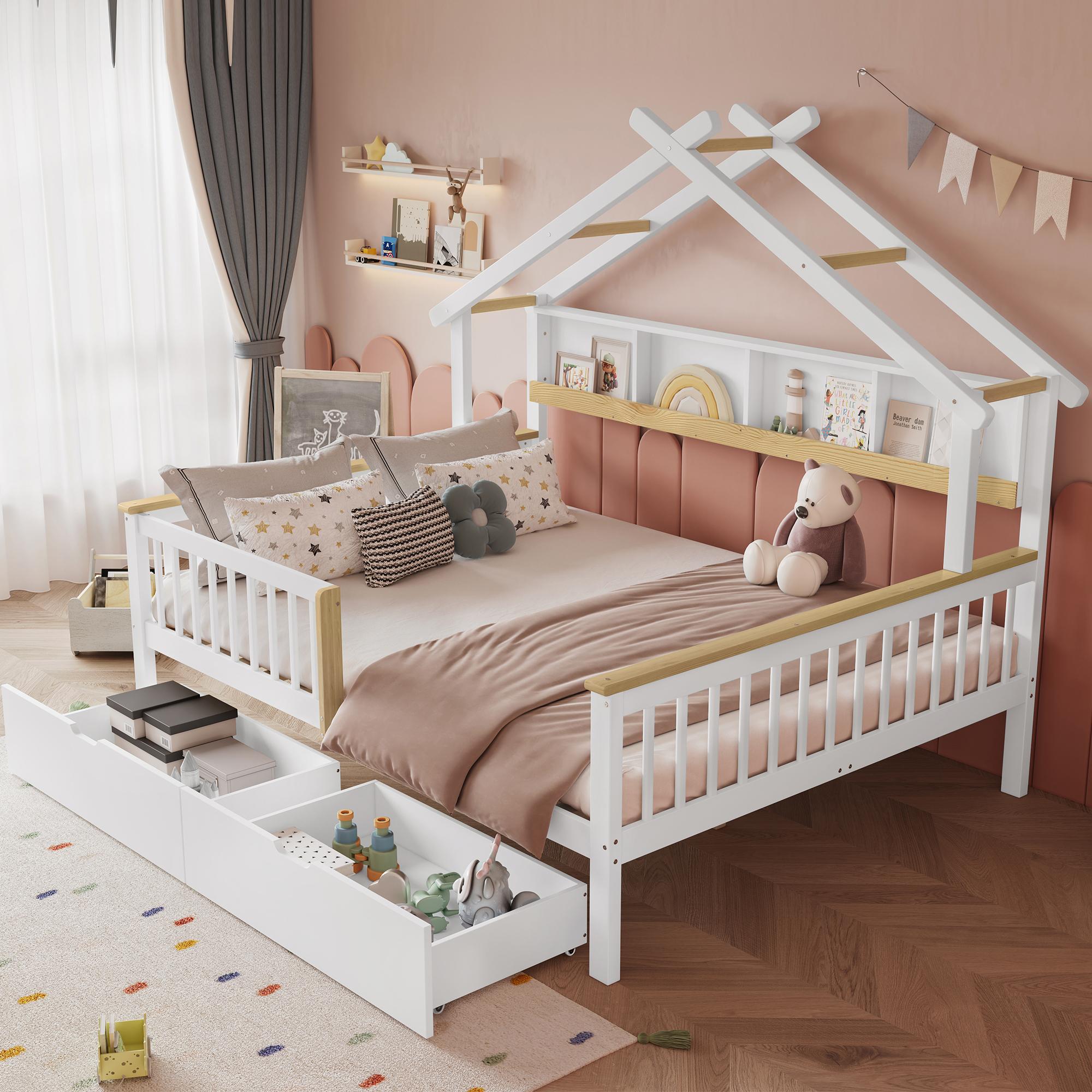 Kinderbett, Mit Absturzsicherung und Rausfallschutz, Einzigartiges Dachdesign, 2 m Stauregal, Zwei Schubladen auf Rollen, Kiefer+MDF, Weiß+Natur, 140x200cm 218.5 x 146.5 x 152 cm