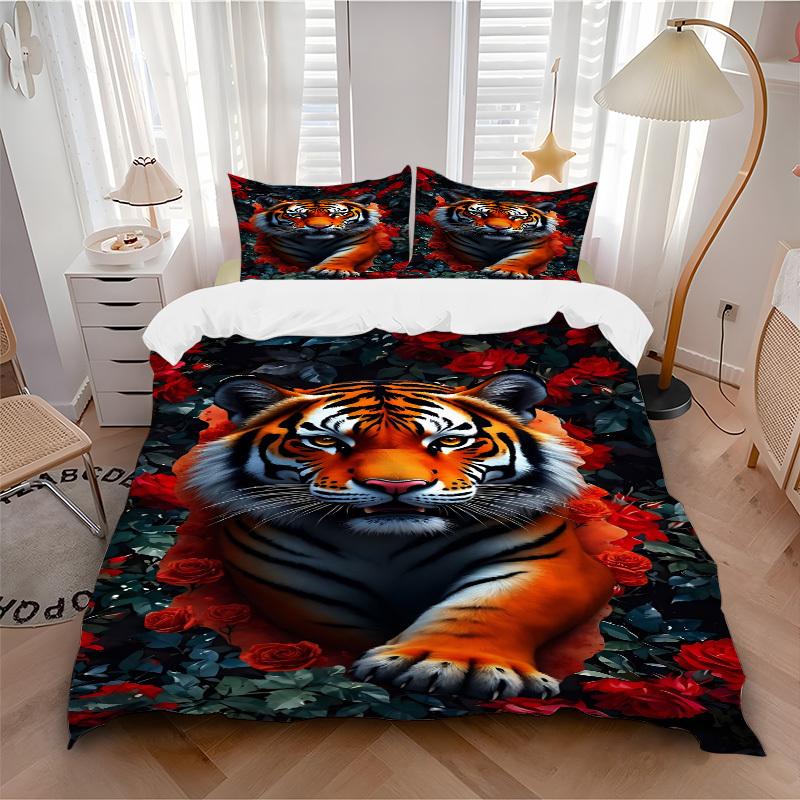 3pcs Tiger Roses Print Duvet Cover Set, Soft Comfortable Duvet Cover,Guest Room (1*Duvet Cover + 2*Pillowcase, Without Core) Yy251104120