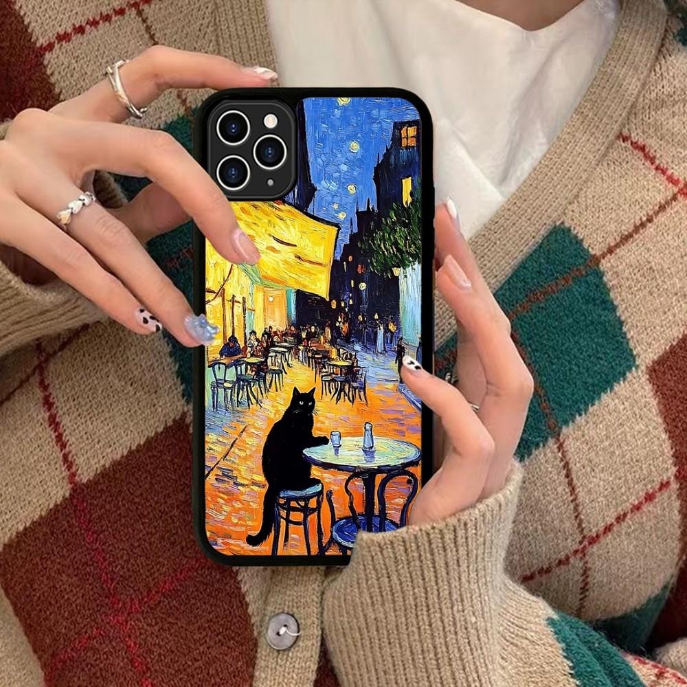 Cartoon Animal Black Cat Oil Painting Phone Case Silicone PC+TPU For For IPhone 11 12 13 14 15 16 Plus Pro Max Cover