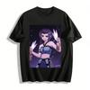 Cool Sassy Purple-haired Battle Girl Print T-shirt Anime Style Trendy Unisex Top Pure Cotton T-shirt