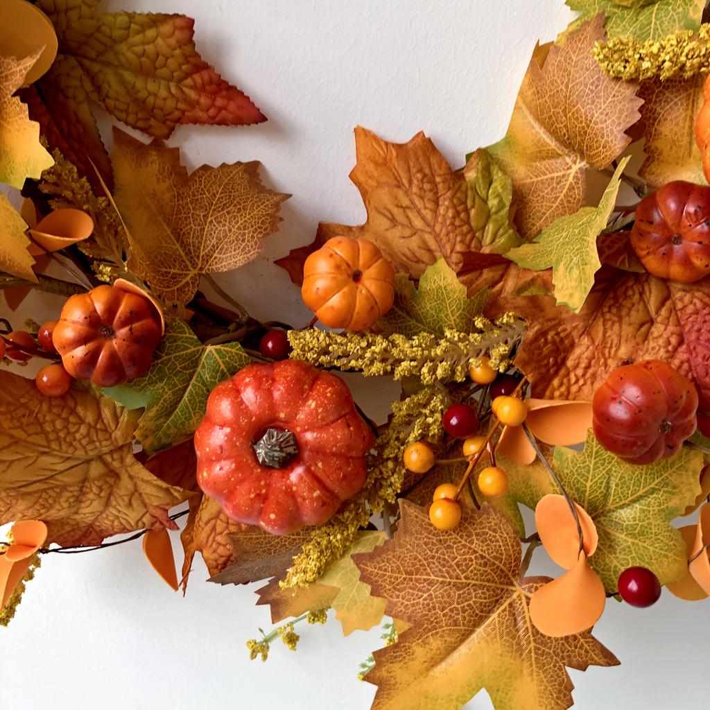 Autumn Harvest Wreath with Pumpkins & Berries. Durable, No Maintenance. Perfect for Thanksgiving & Halloween Decor.