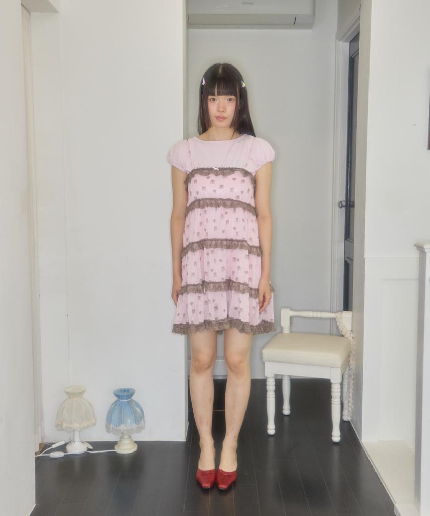 Syakili Skull Tiered Mini Chiffon Dress (Pink)