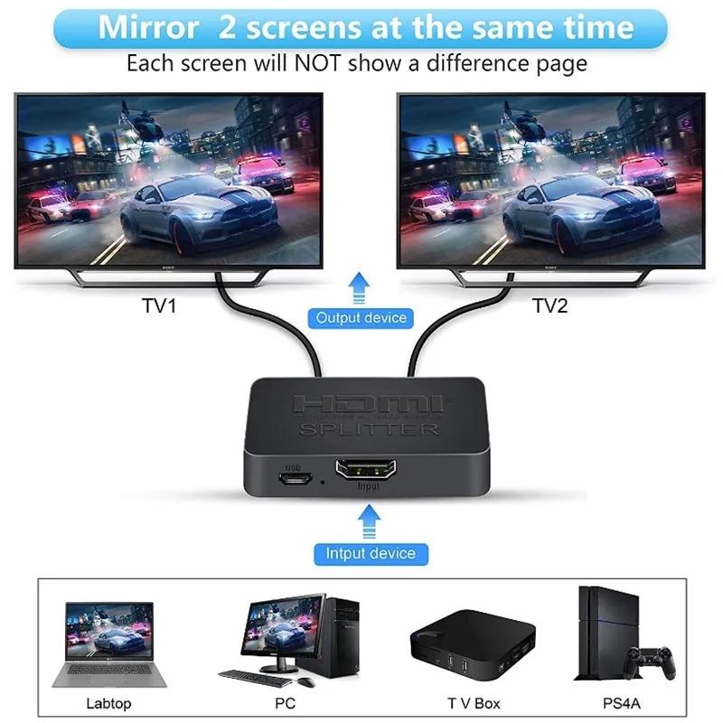 4K HDMI Splitter 1x2 HDMI Video Distributor 1 in 2 out Switch Amplifier 1080P Dual Display for PS3 PC Laptop Monitor Projector 4
