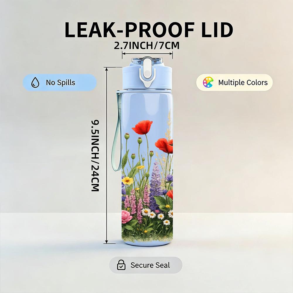 1PC Wild Mixed Meadow Flower Group 750ml Color Plastic Water Bottle Leakproof Flip Straw Lid For Sports Office Home Use