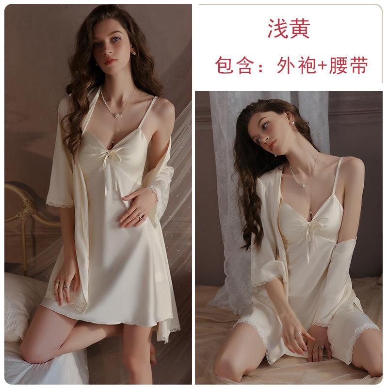 Guiruo Underwear Sweet Satin Sexy Backless Women's Suspender Nightdress Open Placket Silky Robe Loungewear Set 1118