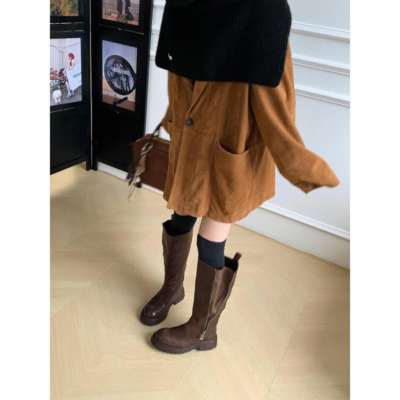 Prana skóra końska~ skórzane wysokie kozaki długie kozaki damskie jesienno-zimowe grube mm grube łydki podwyższane na grubej podeszwie czarne kozaki rycerskie