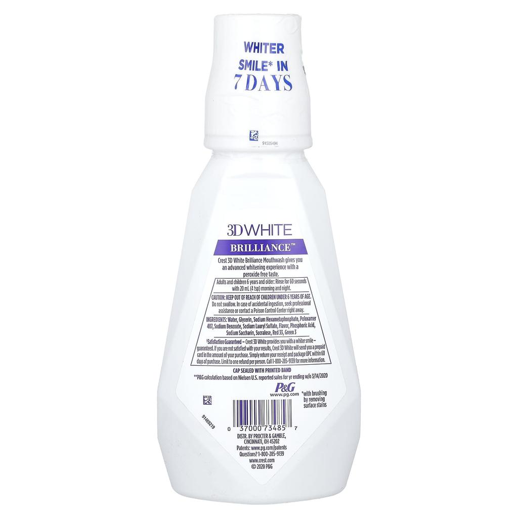 Crest, 3D White, Brilliance Whitening Mouthwash, Alcohol-Free, Clean Mint, 16.9 Fl Oz (500 Ml)