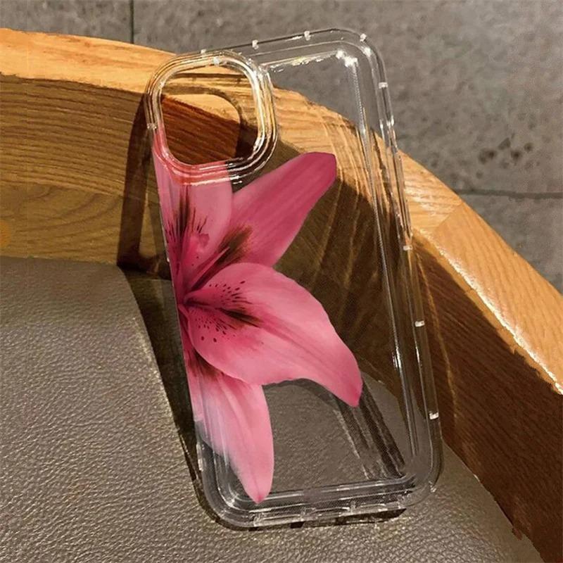 Ins Pink Lily Pattern Transparent Phone Case for iPhone 17 Air pro16 14 13 15 Pro Max 11 12 Pro Mini 7 8 Plus Shockproof Cover