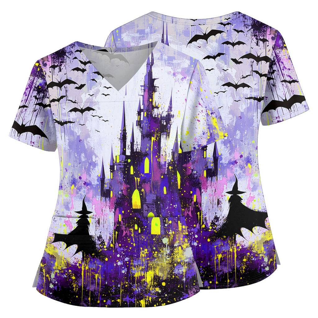 Women's Halloween Print V Neck Medical Scrub Top with Pockets Side Slits Short Sleeve Nurse Uniform Shirt for Healthcare Professionals