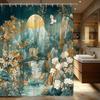 1pc Golden Full Moon Shower Curtain - Chinese Style, Turquoise Mountains, Blooming Flowers, White Birds,  Serene Bathroom Decor