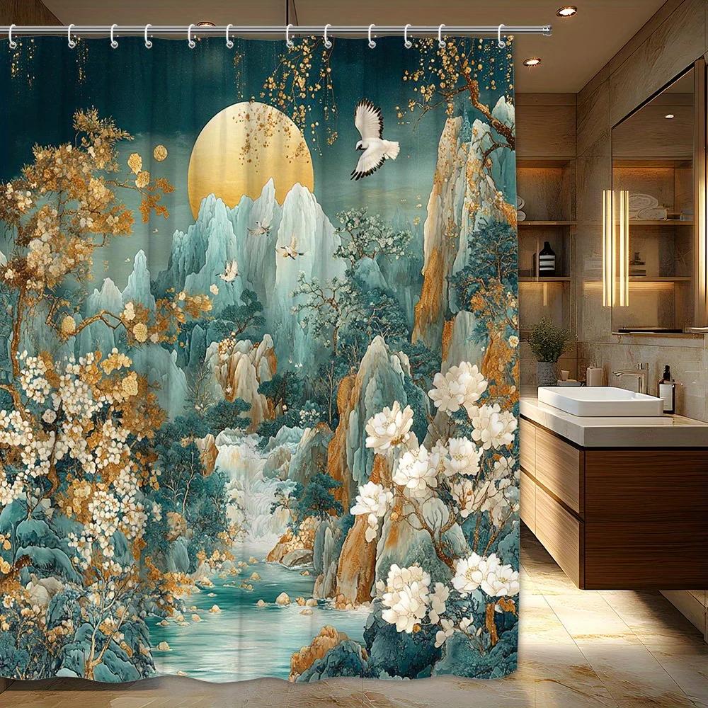 Exquisite Fashion Items Golden/Turquoise/White 1Pc Full Moon Shower Curtain - Chinese Style, Mountains, Blooming Flowers, Birds, Serene Bathroom Decor