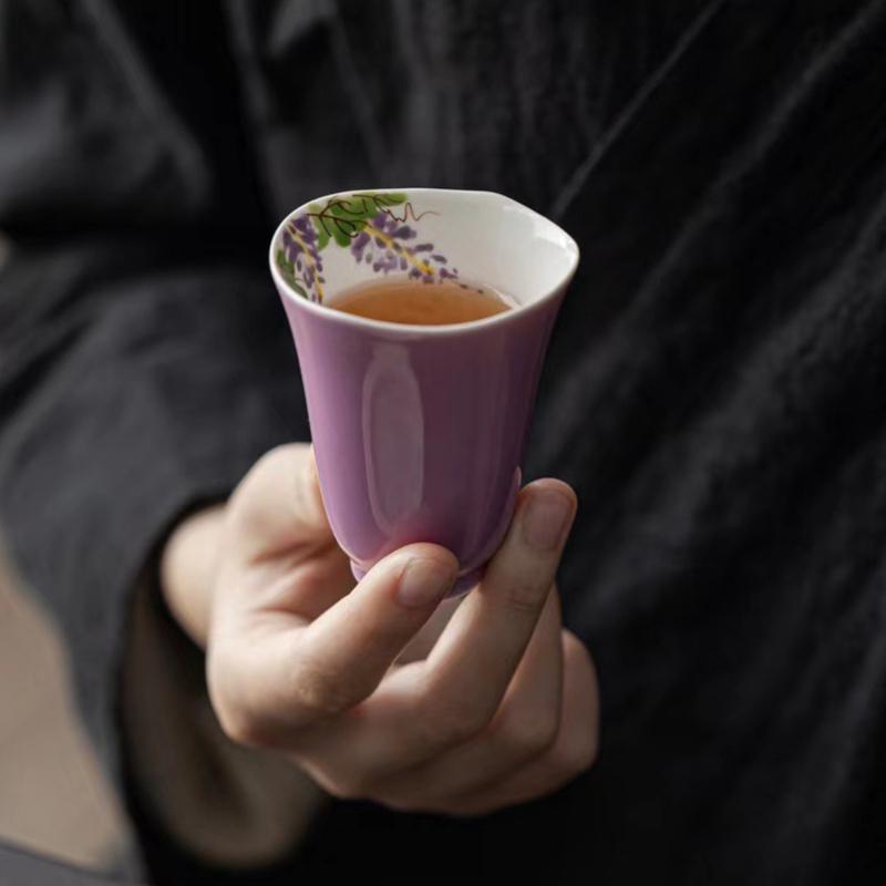 Aesthetic Cups Teacup Tea Pair Pure Hand-painted Purple Peony Small Master Cup Ceramic Cup For Tea Kungfu Tea Set Puer Tea Gift