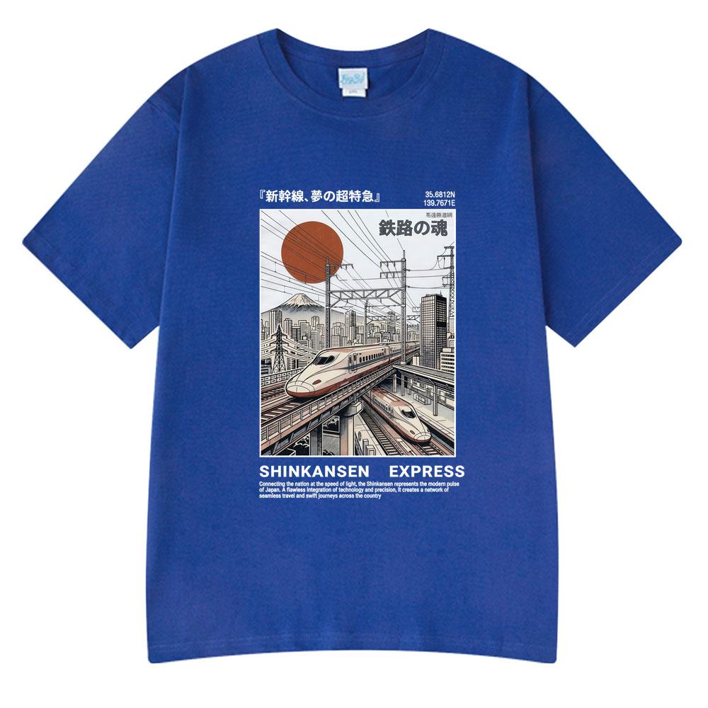 T-shirt Illustrazione Treno Espresso Shinkansen Stile Giapponese Retro Poster Vintage Ferroviario T-shirt Estiva Cotone Casual Tshirt