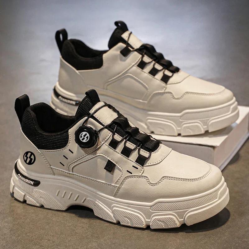 British Style Outdoor Men Casual Shoes Rotating Button Fashion Motorcycle Shoes Versatile Men Work Shoes Comfortable Sport Shoes