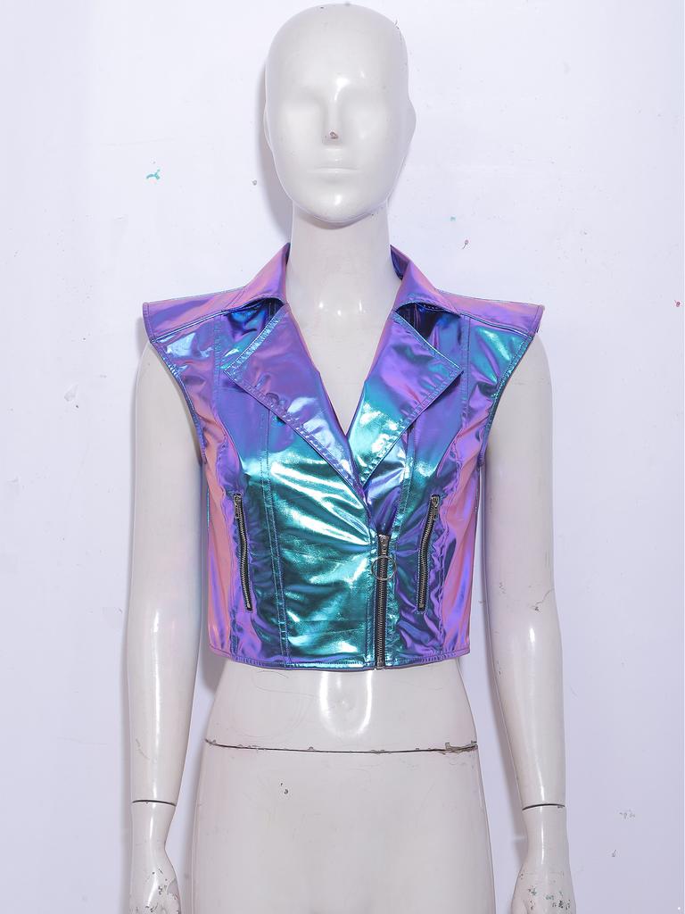 Sleeveless V Neck Front Zipper Waistcoat for Women Notched Lapel Metallic Shiny Tank Top for Punk Jazz Motorcycle Club Outfit