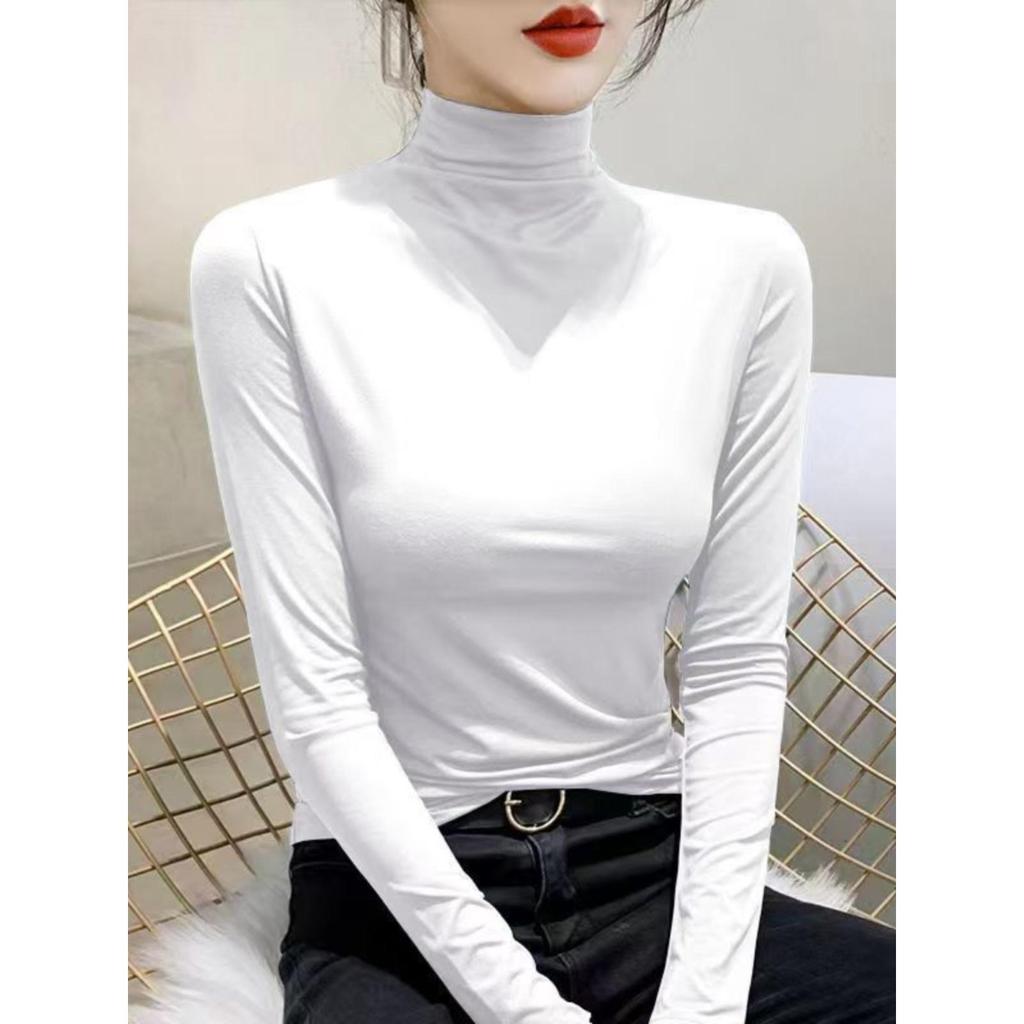 Women's Thickened Slim Fit Long Sleeve T-Shirt with Double-Sided Plush, Mid-High Neck, Brushed Base Layer Top for Autumn/Winter Warmth