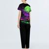 Damen Kurzarm Uniform Set mit Halloween-Print, Tasche Oberteil und Hose 2-teilig