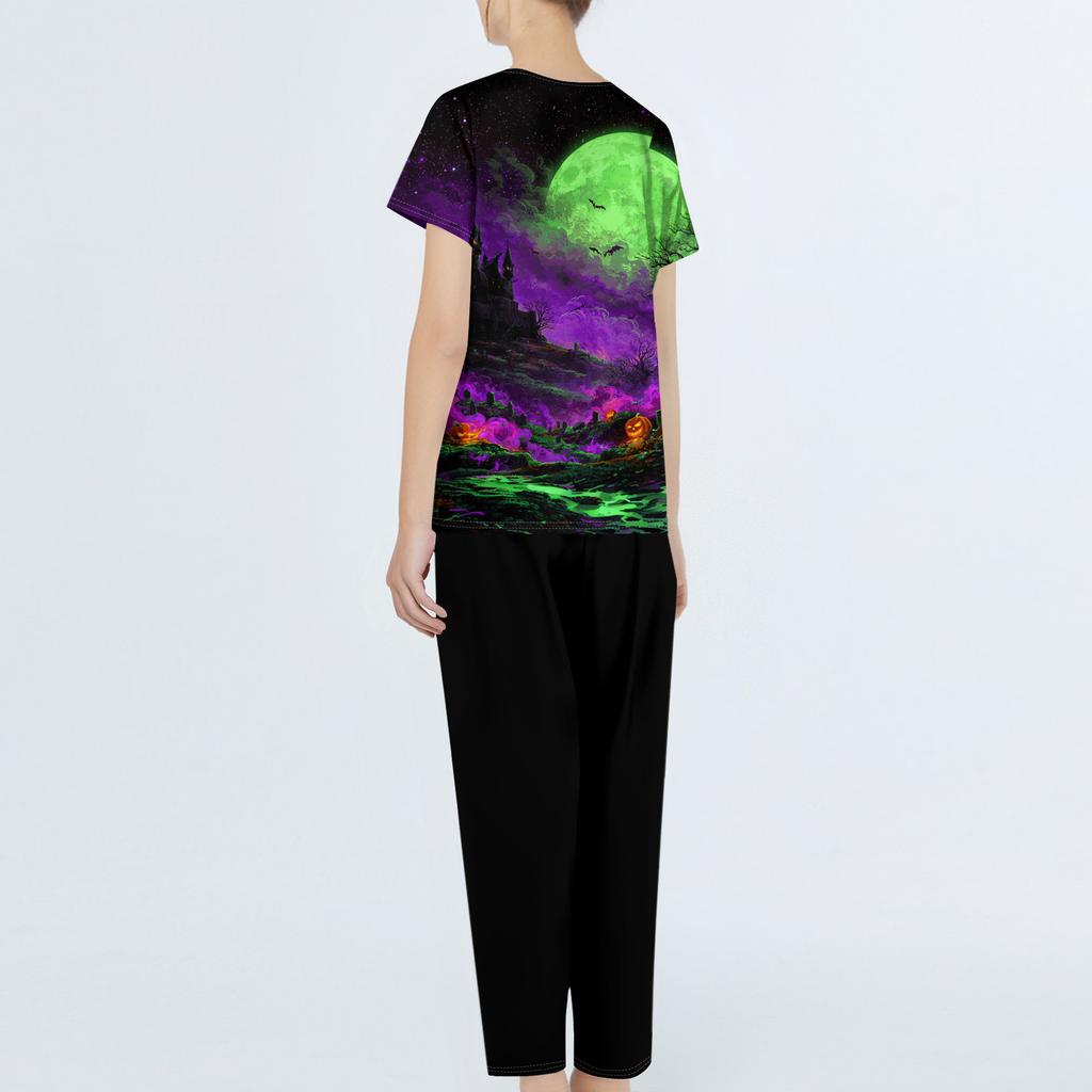 Damen Kurzarm Uniform Set mit Halloween-Print, Tasche Oberteil und Hose 2-teilig