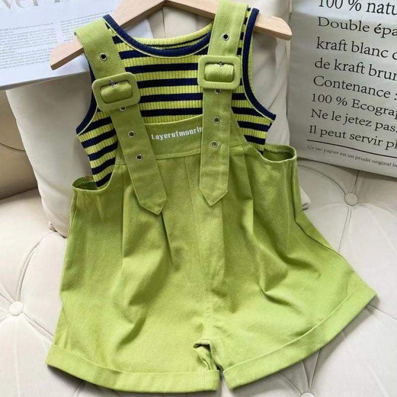 

Stylish Summer Girls Two Piece Outfit Set With Trendy Sleeveless Top And Striped Adjustable Suspenders Pants,140cm/55.12in